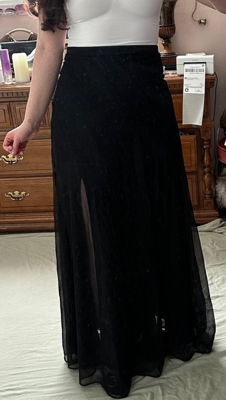 Tadashi Shoji Sheer Black Mesh Sz 6 Maxi Skirt Full Length w Side Slits Formal